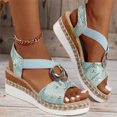 Women's Peep Toe Serpentine Wedges Sandals with unique circle design in various colours