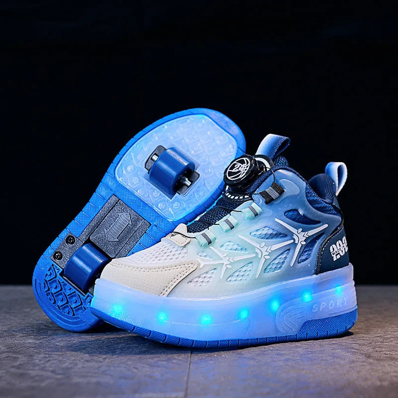 Blue children's knob roller skates with striped pattern and rotating button closure.