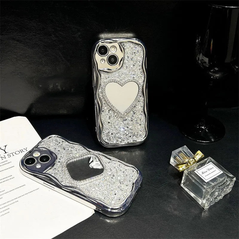 Silver gray TPU phone case with heart-shaped mirror insert for iPhone, high-flash epoxy finish