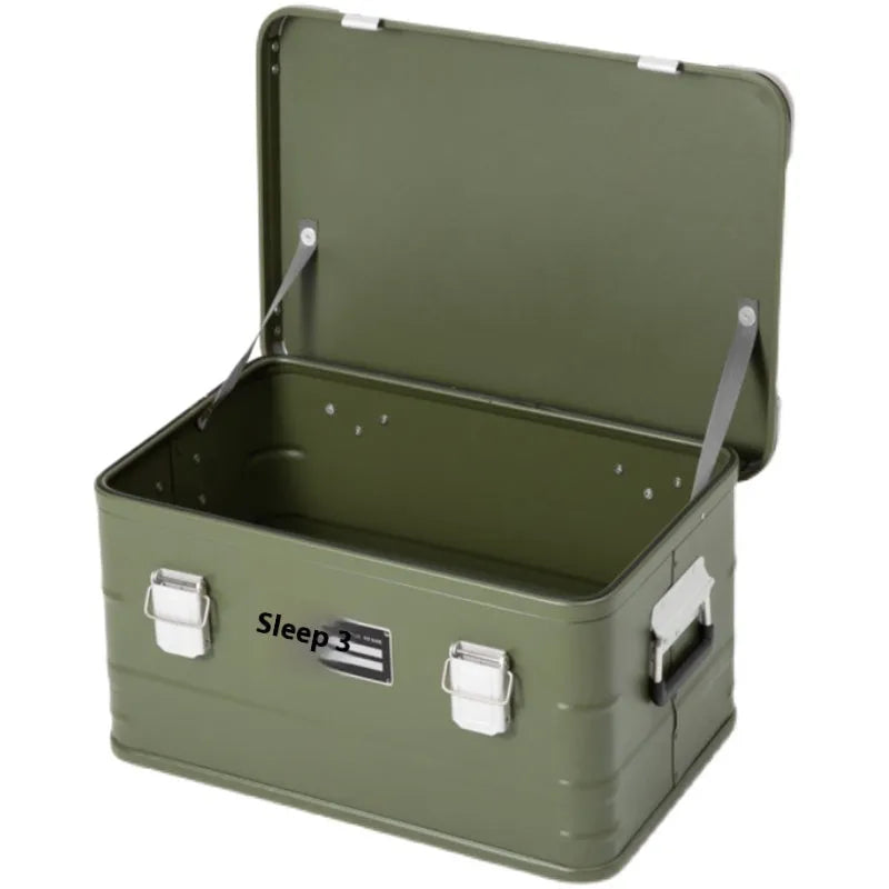 Field green aluminium alloy storage box for camping and vehicle use
