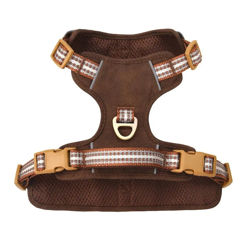 Leather pet harness with reflective elements in chest harness design
