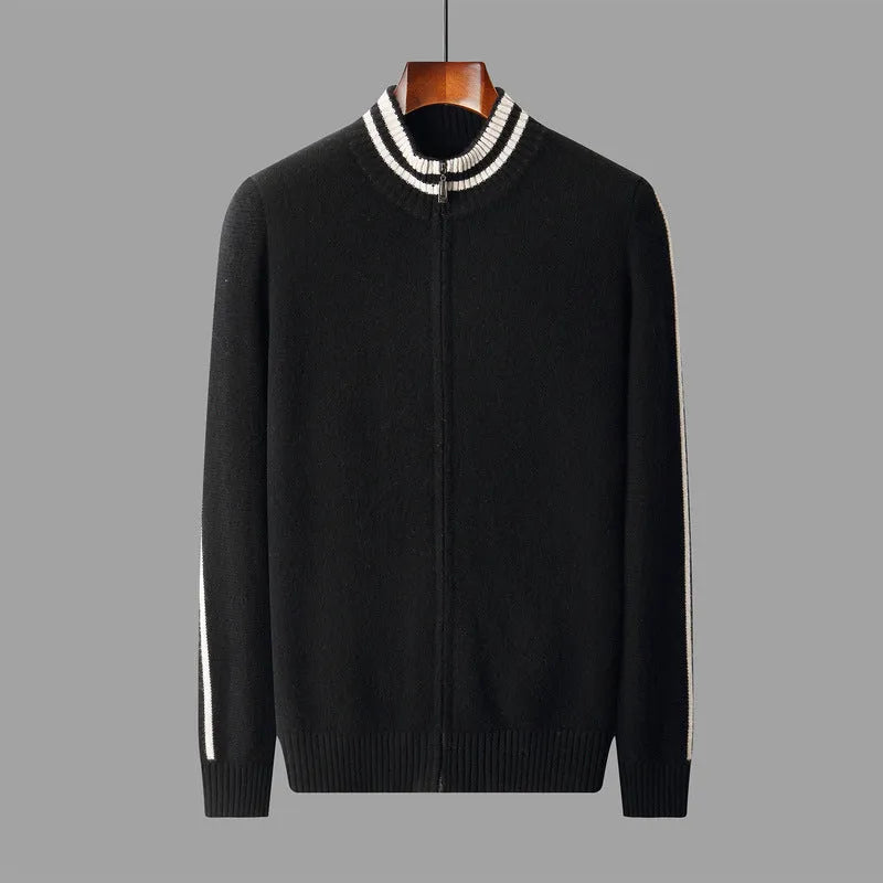 Men's half-high collar knitted striped cardigan in white and black, loose fit with Korean style, sizes S to 3XL