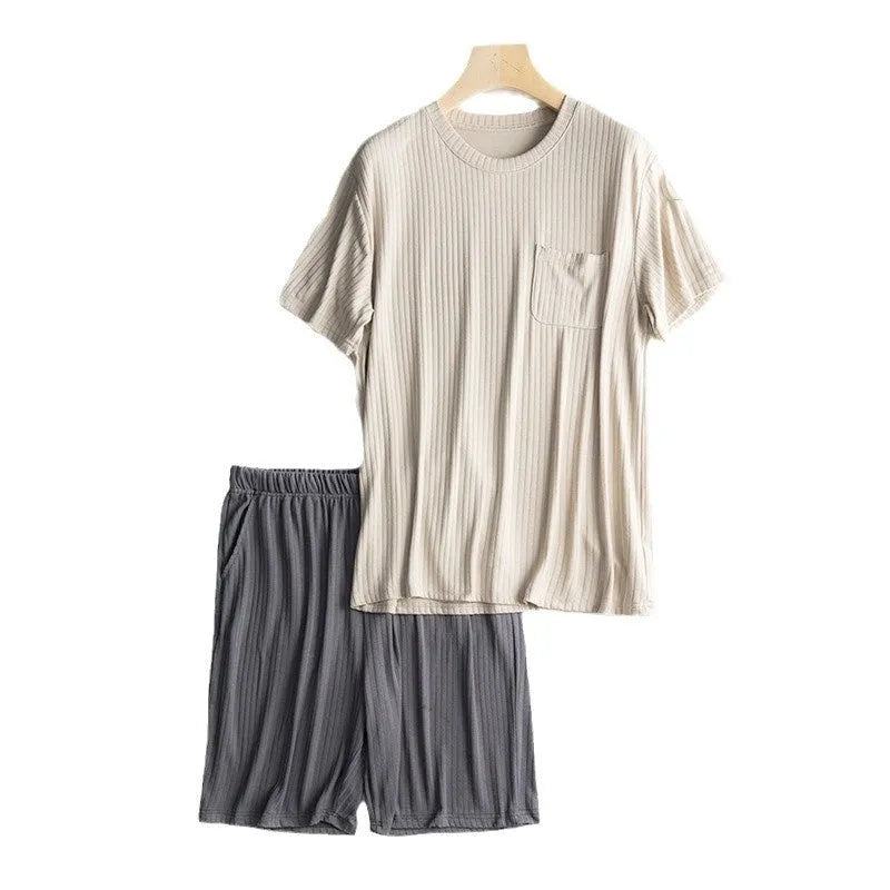 Men's thin summer T-shirt and shorts suit in oatmeal colour with deep gray shorts, polyester fabric, quarter sleeves, size L to XXXL