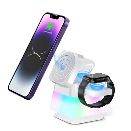 Multifunctional wireless charging station with rotating lamp, adjustable night light, and secure phone holder