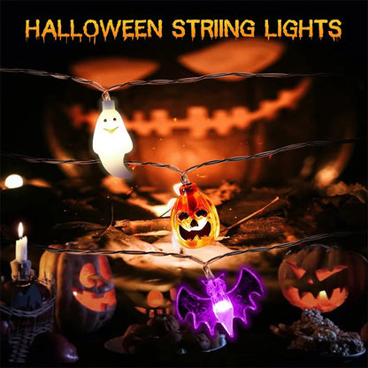 LED Halloween string lights with pumpkin, spider, bat, and skull designs in purple and green
