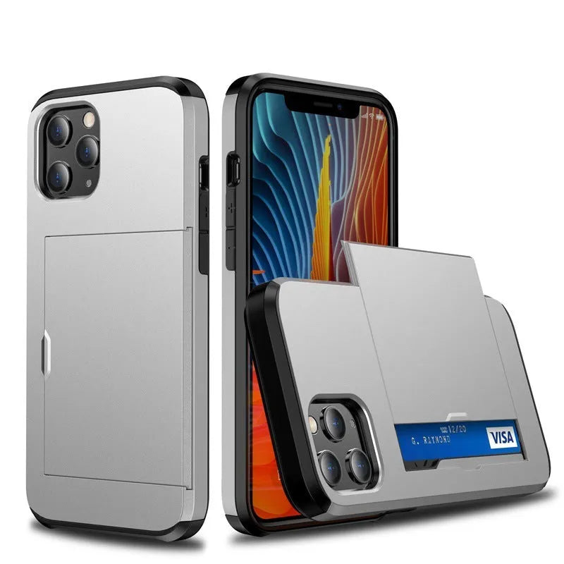 Matte mobile phone case with a sliding card cover open, showing card slots, for iPhone.