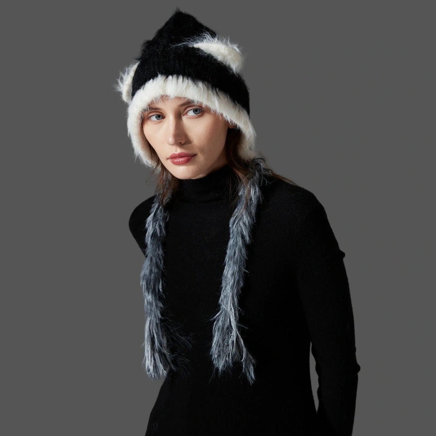 Cat ears mink wool knitted hat in white with tassel detail, 29x23cm dimensions