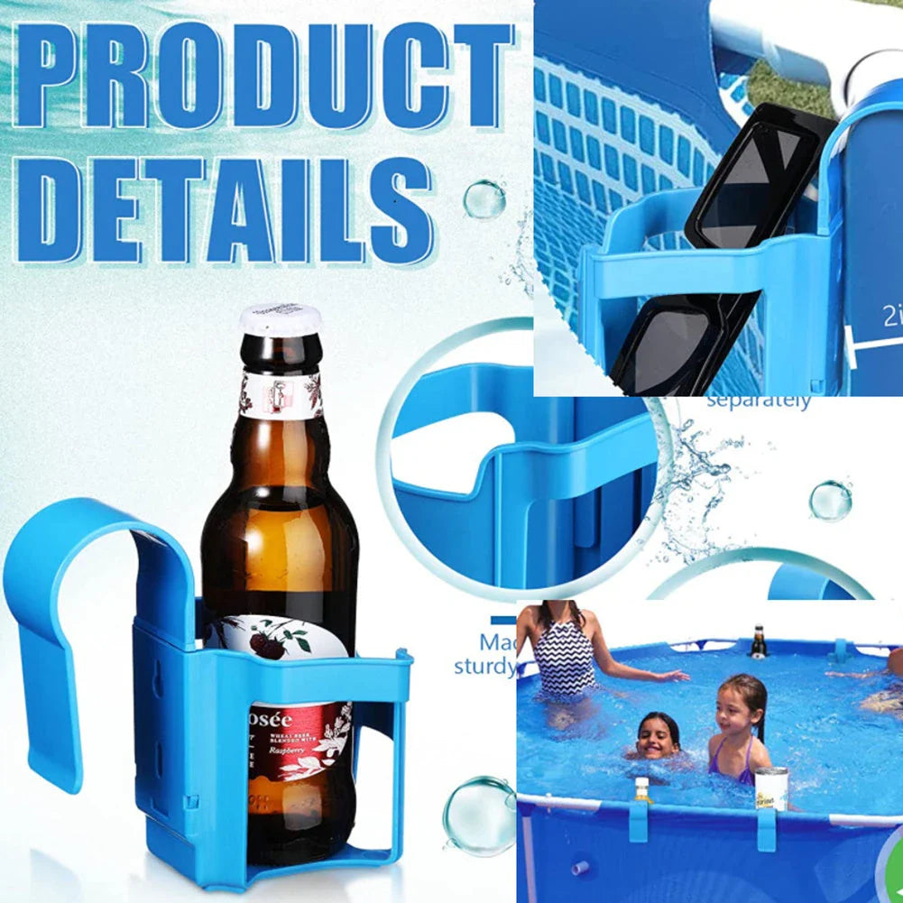 Poolside drink holder securely clipping onto the side of an above-ground swimming pool, holding a variety of cup sizes for refreshing beverages