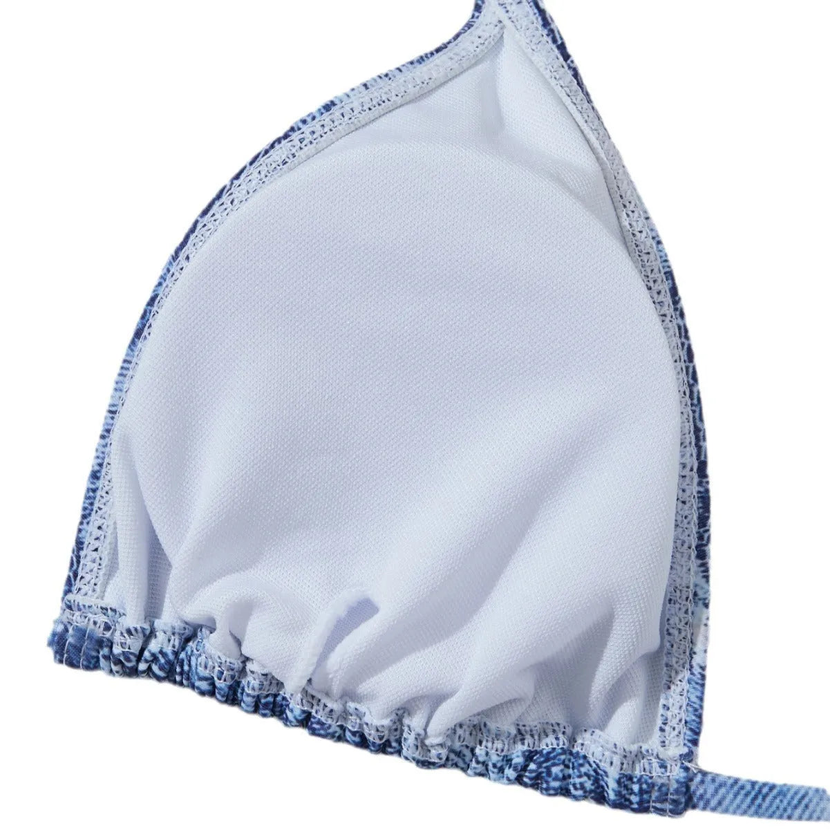 Denim blue printed bikini set with criss-cross straps on the top.
