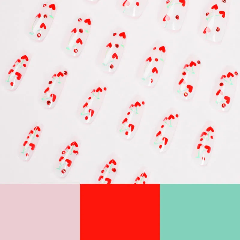 JP1601 French love pattern press-on nail stickers with red diamonds and small cherries