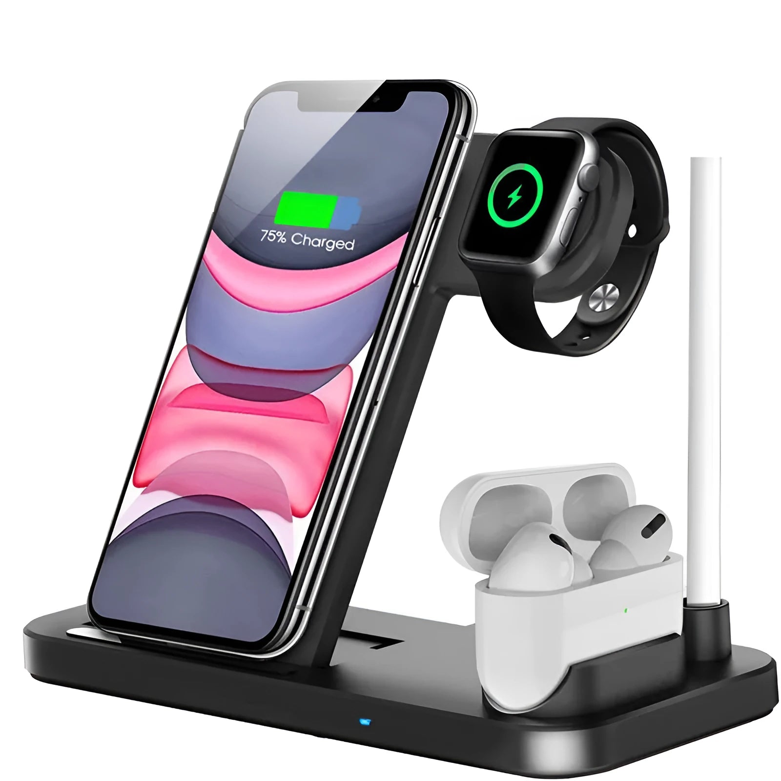 Black folding 4-in-1 wireless charger showing vertical stand for iPhone and flat charging pad.