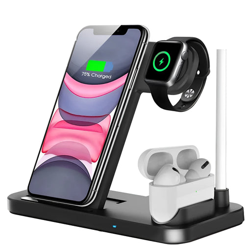 Black folding 4-in-1 wireless charger showing vertical stand for iPhone and flat charging pad.