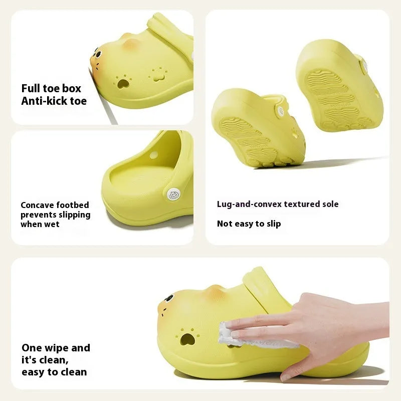 Children's closed toe EVA slippers in cartoon paradise style, unisex, gray brown, pink, yellow, size 130-180