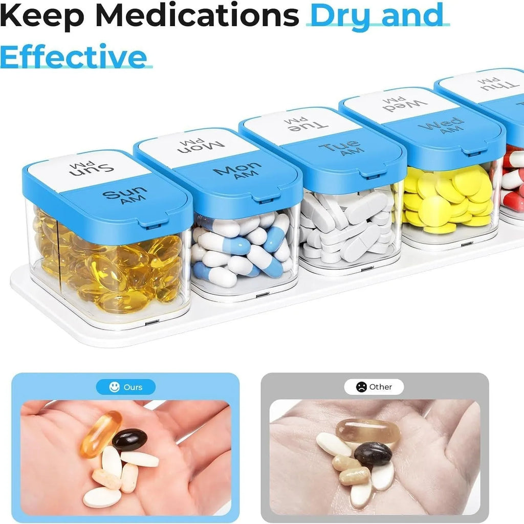 Extra large white and rainbow coloured plastic pill box with 14 removable grid compartments.
