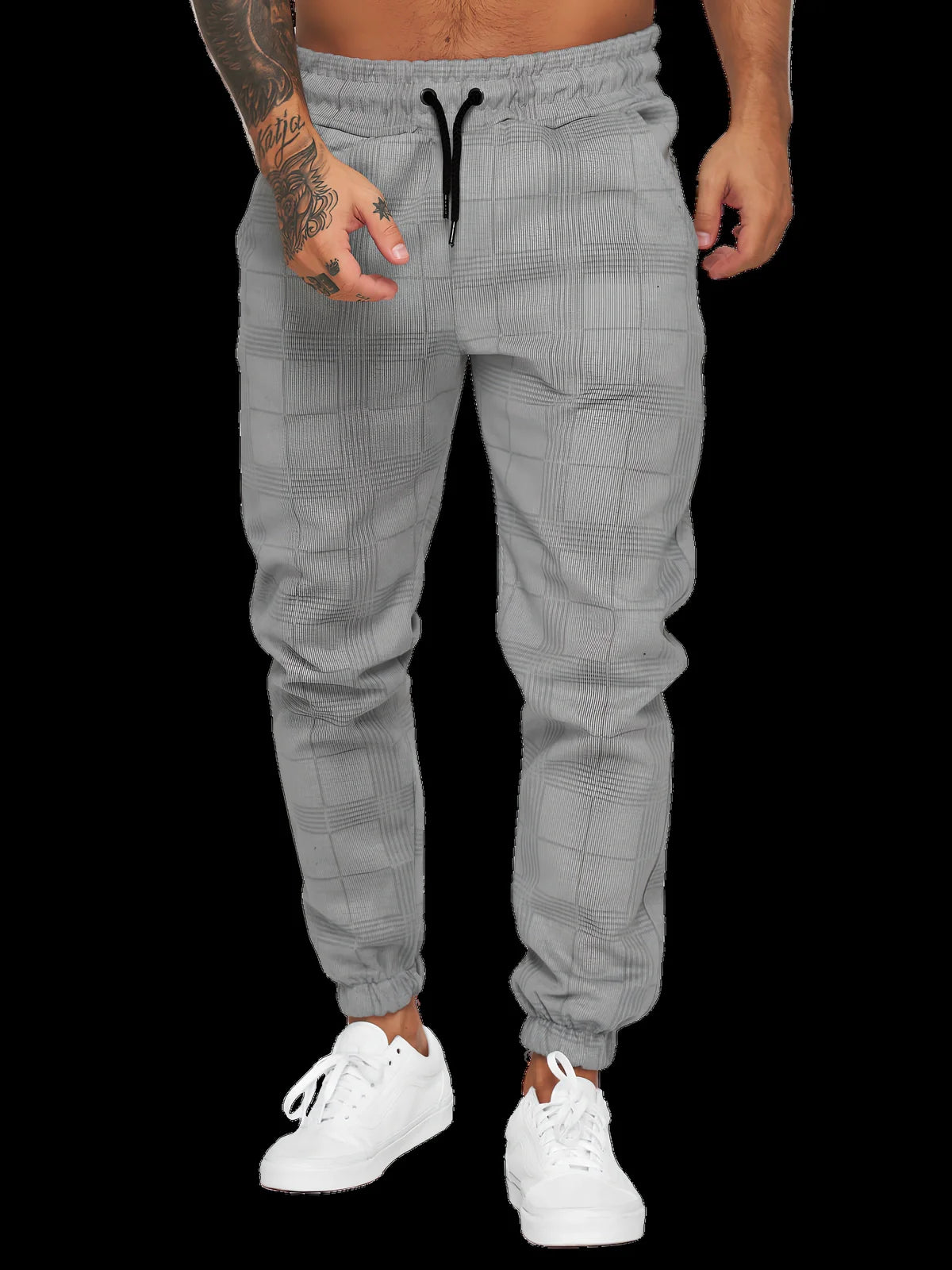 Men's checkered 3D digital print cotton trousers with tapered fit and elastic waistband