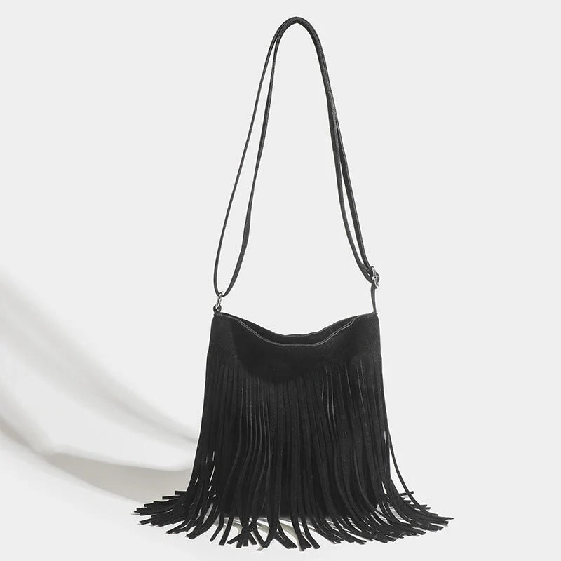 Artistic Tassel Shoulder Bag in various colours showcasing literary style and tassel detail