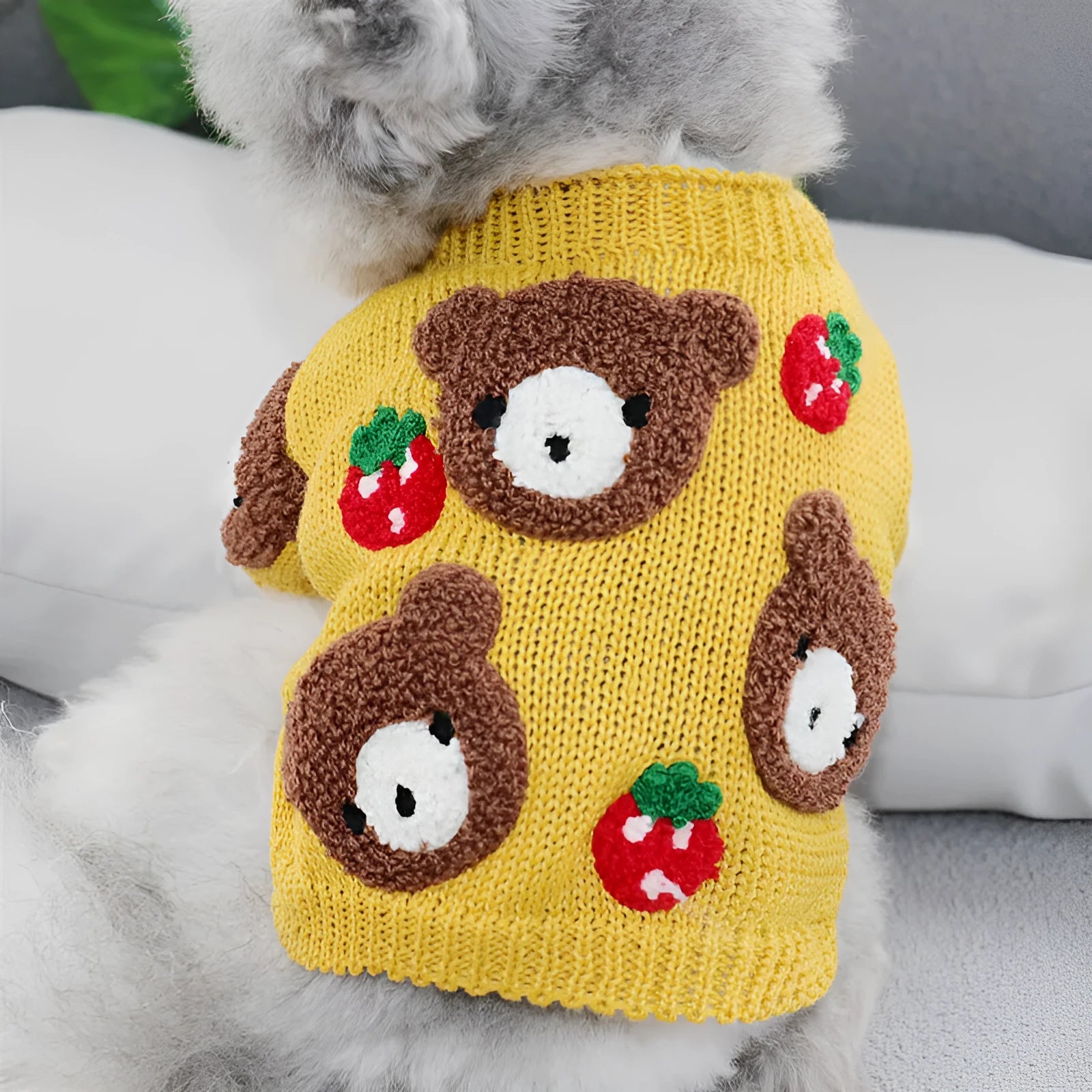 Short autumn winter pet sweater for dogs in unisex polyester casual style showing colour options and sizes
