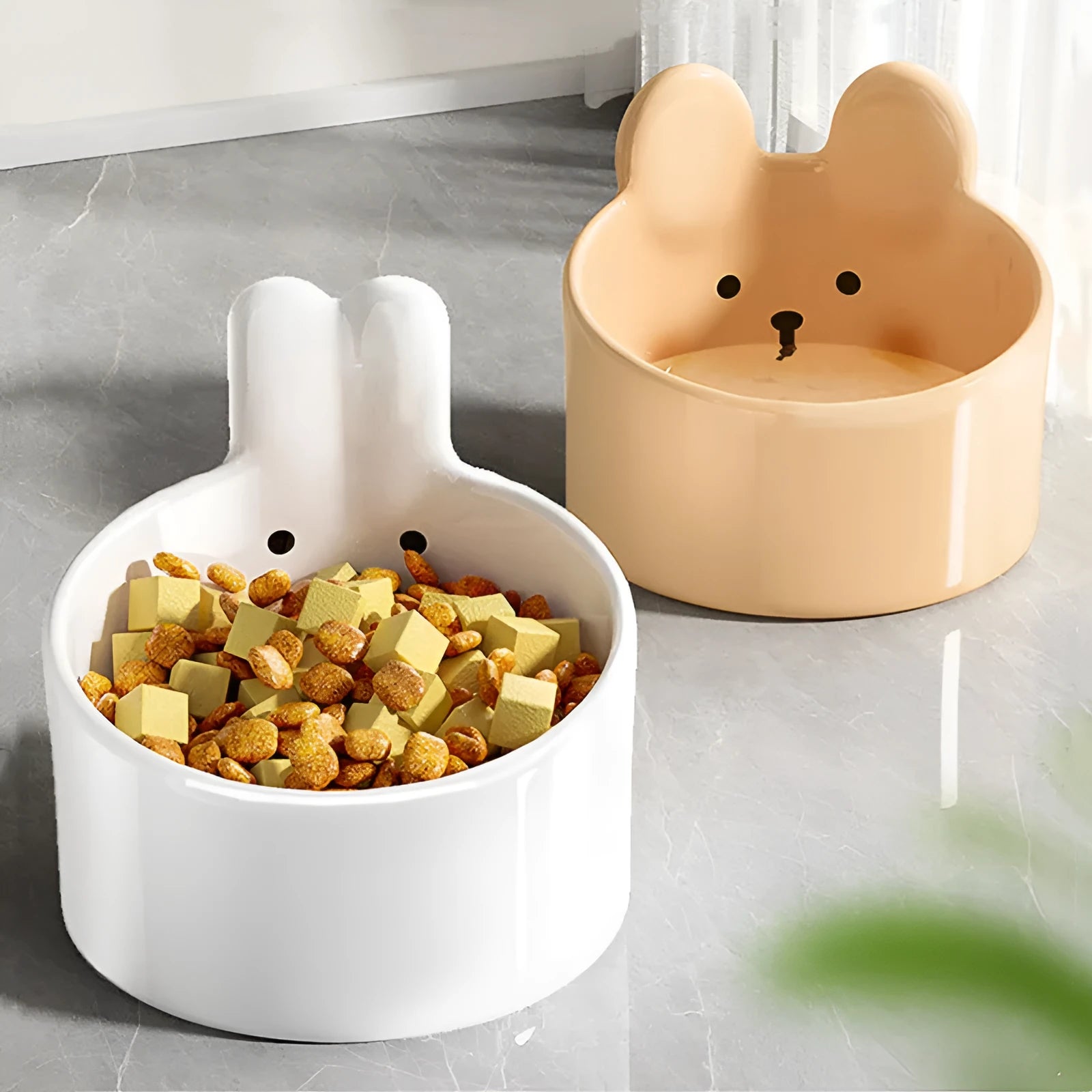 Blush Critter ceramic pet food bowl in white rabbit design, showing raised neck protection ring.