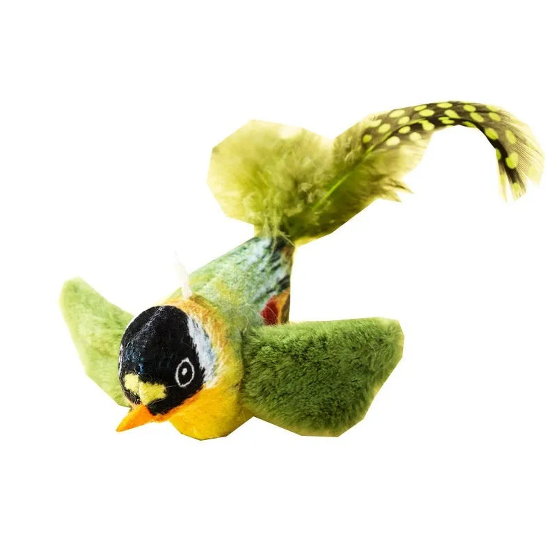 Electric sound simulation bird cat toy in green warbler colour with polyester fibre body for cat play