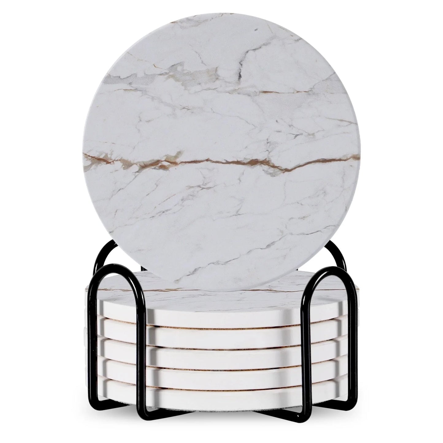 Set of 6 round ceramic coasters with metal stands and cork bases on a wooden table