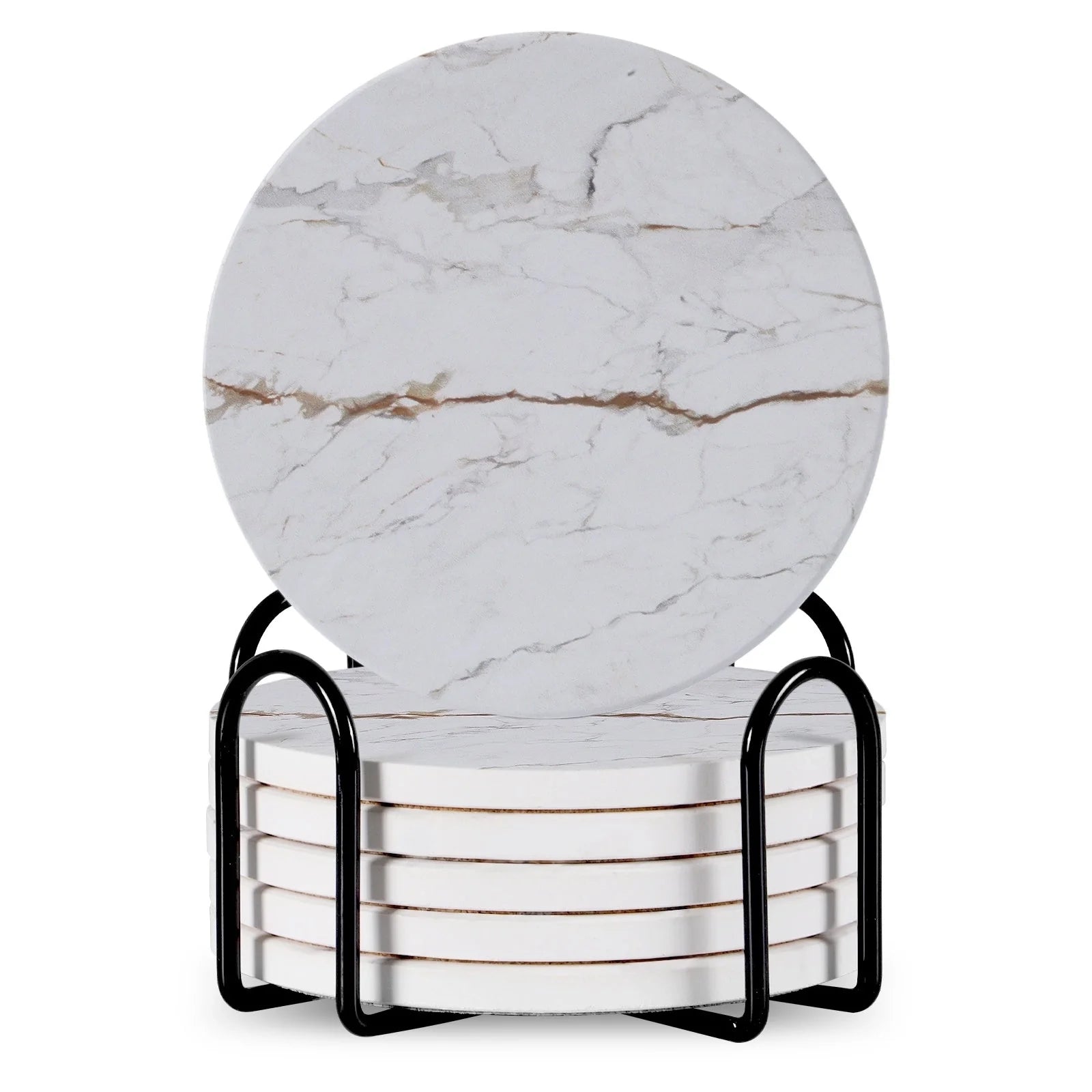 Set of 6 round ceramic coasters with metal stands and cork bases on a wooden table