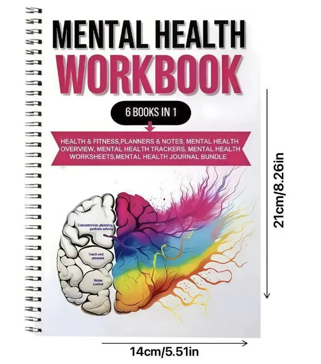Pink brain mental health planning notepad with coil binding, A5 size, paper cover
