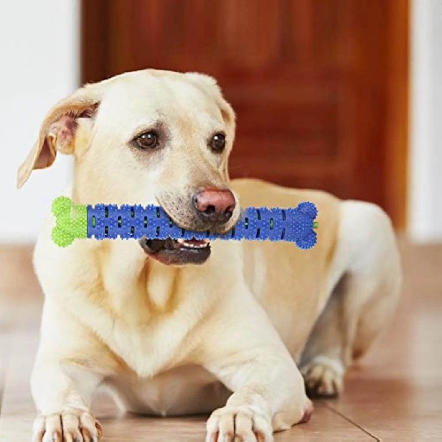 Blue green silicone dog dental cleaning stick toy with brush head design and massage nodules