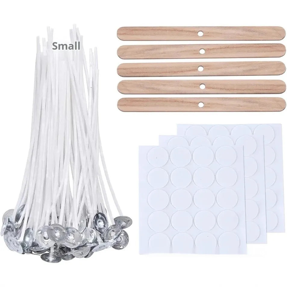 A bundle of white, tightly woven cotton candle wicks in varying lengths for DIY candle making.