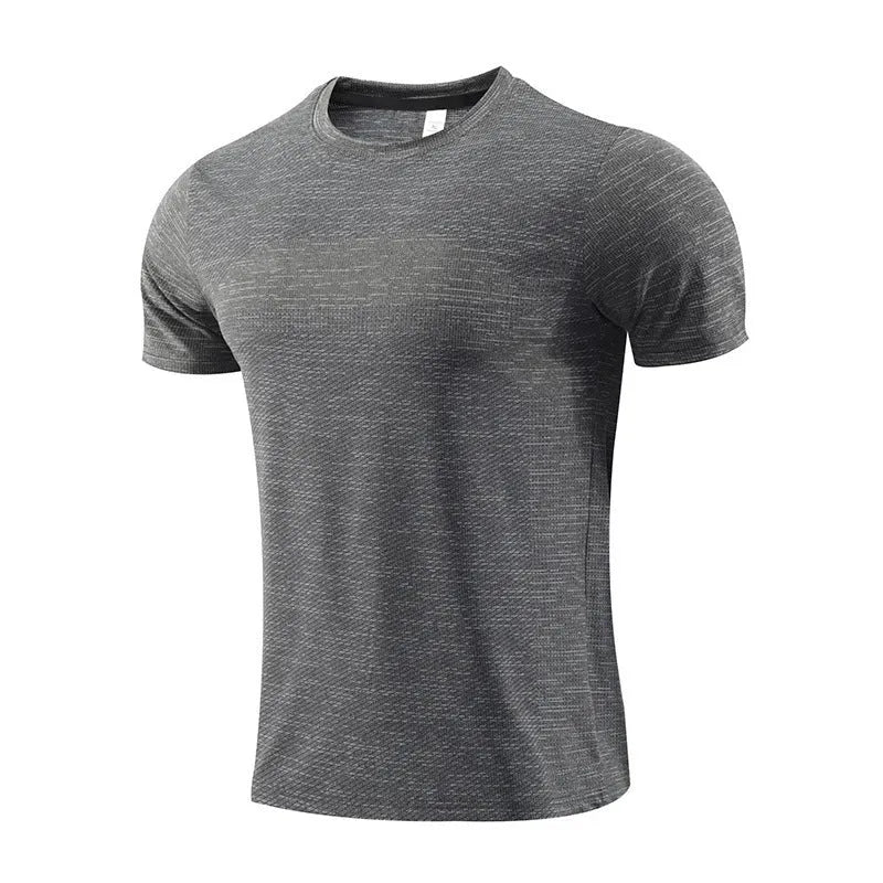 Short sleeve polyester spandex running T-shirt for basketball and workouts on a size chart.