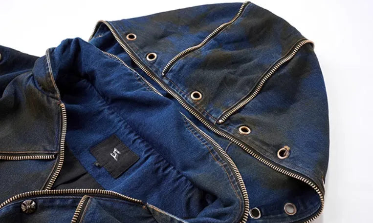 Blue heavy industry style hooded denim vest and matching trousers laid flat