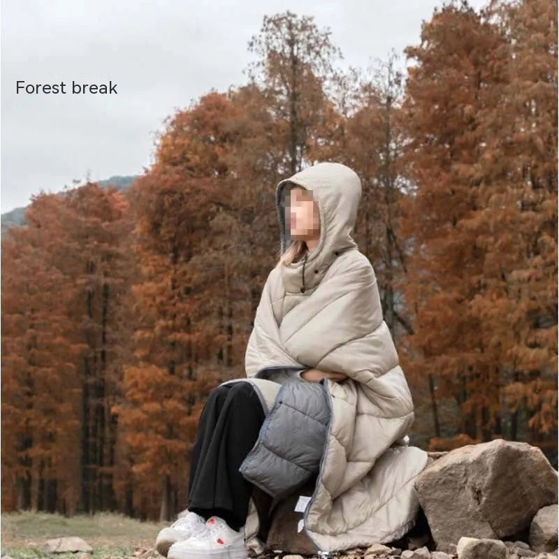 Army Green outdoor cloak sleeping bag worn as garment showing 200x140cm dimensions