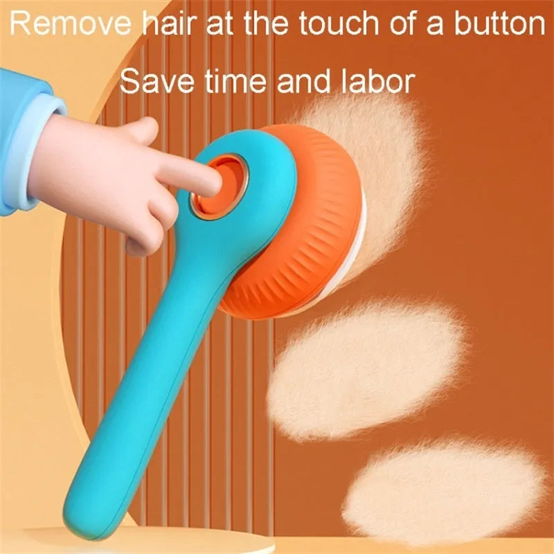 Blue and white self-cleaning pet grooming slicker brush for cats and dogs on a wooden surface.