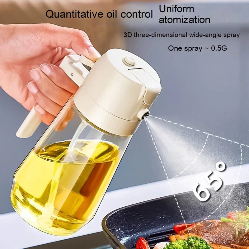 Glass oil sprayer and dispenser in various colors, featuring dual spray and pour functionality for cooking, air frying, and BBQ