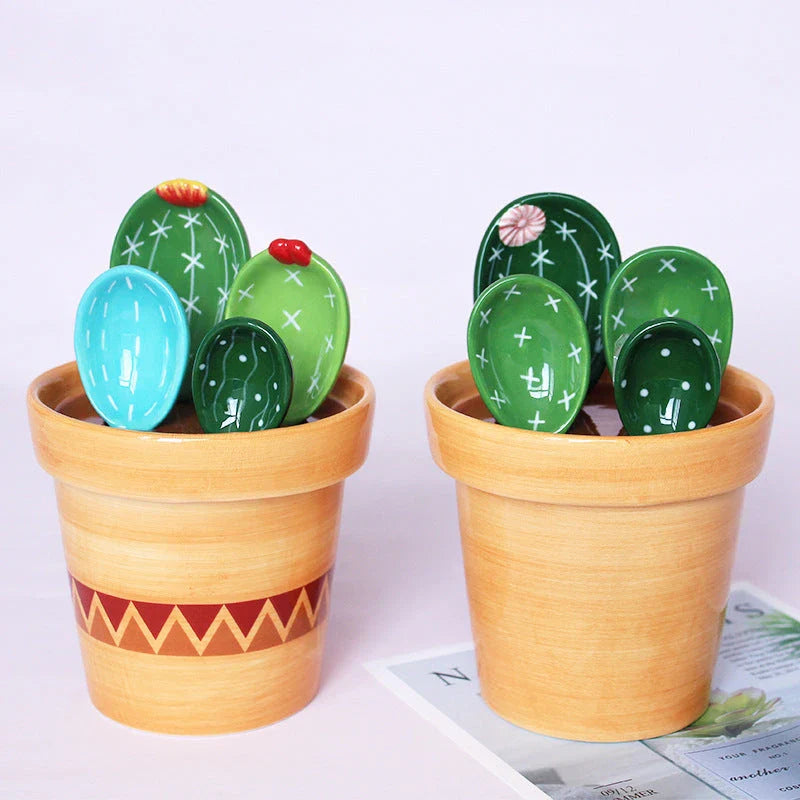 Ceramic measuring spoon set with cactus-inspired base in vibrant colors, perfect for baking and cooking