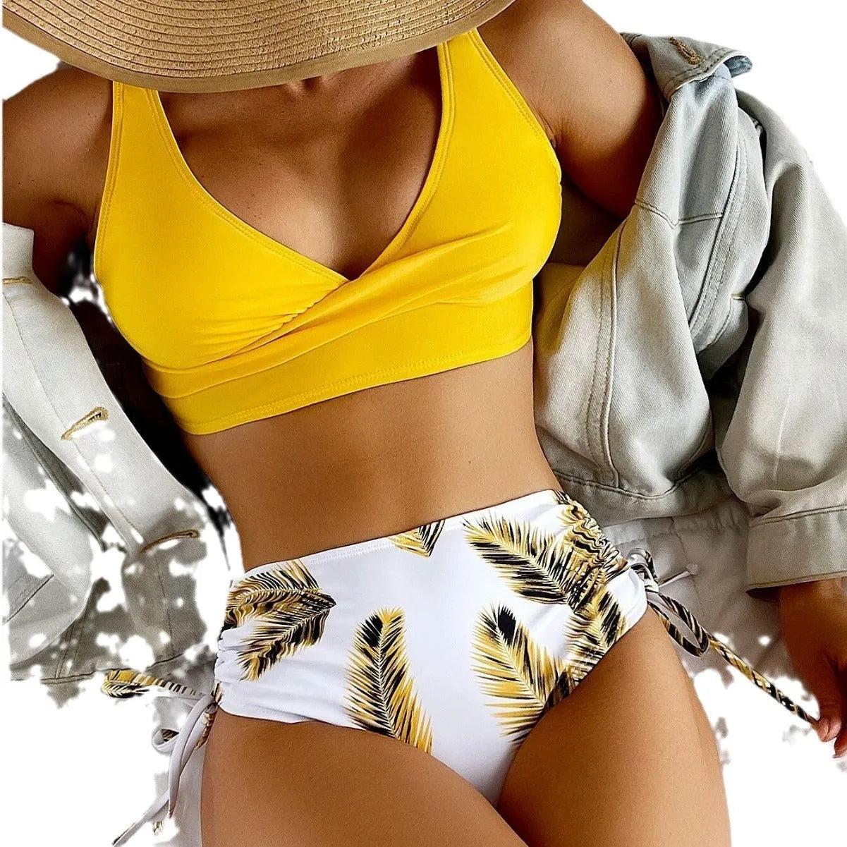 Women's black split drawstring bikini swimsuit with high-waisted briefs on mannequin