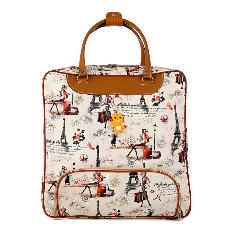 Medium blue college style waterproof travel bag with PU leather exterior and decorative splicing design