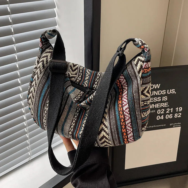 Women's canvas crossbody dumpling bag in ethnic style with three-dimensional pockets