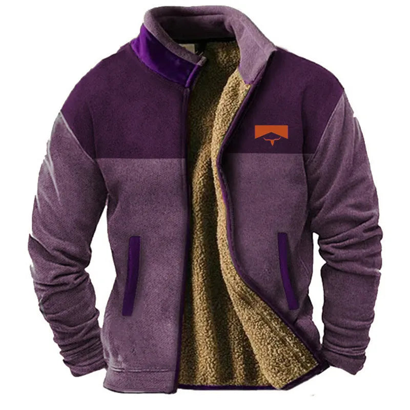 Men's green polyester padded coat on a hanger, showing regular fit and fleece texture.