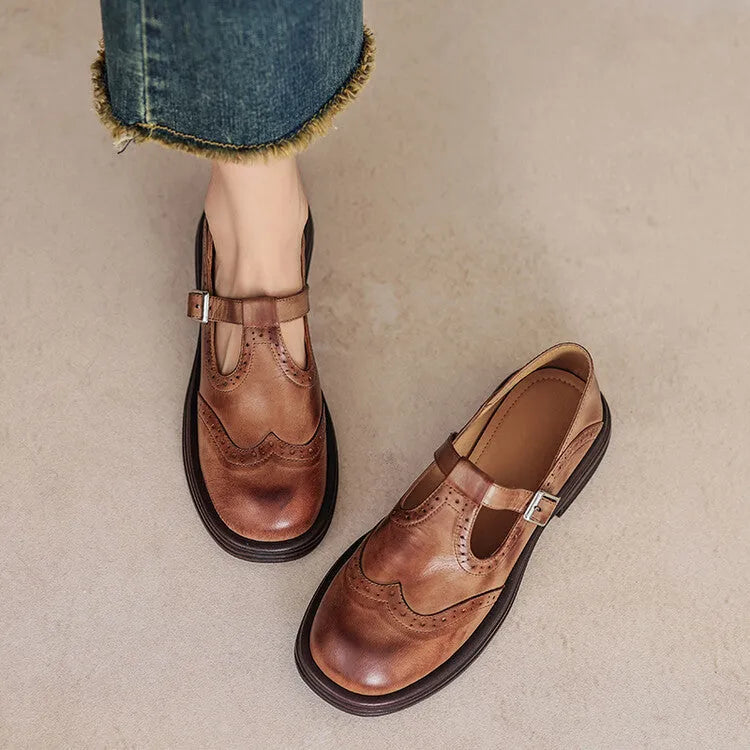 Women's black and brown British-style flat leather shoes with round toe and sheepskin uppers