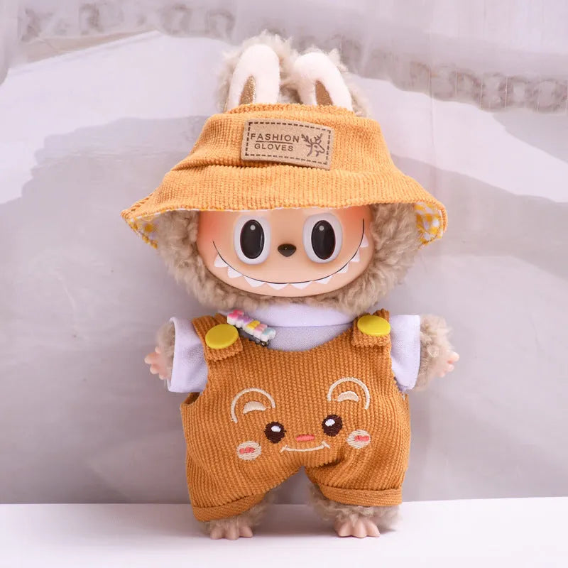 Three-piece doll clothes set with cartoon suspender pants and hat for pendant dolls in matcha colour, cloth material