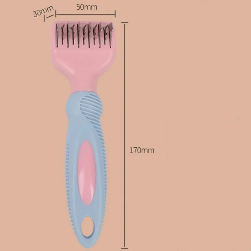 Pink dual-sided dog grooming comb with stainless steel blade and rotating ball-tip massage brush.