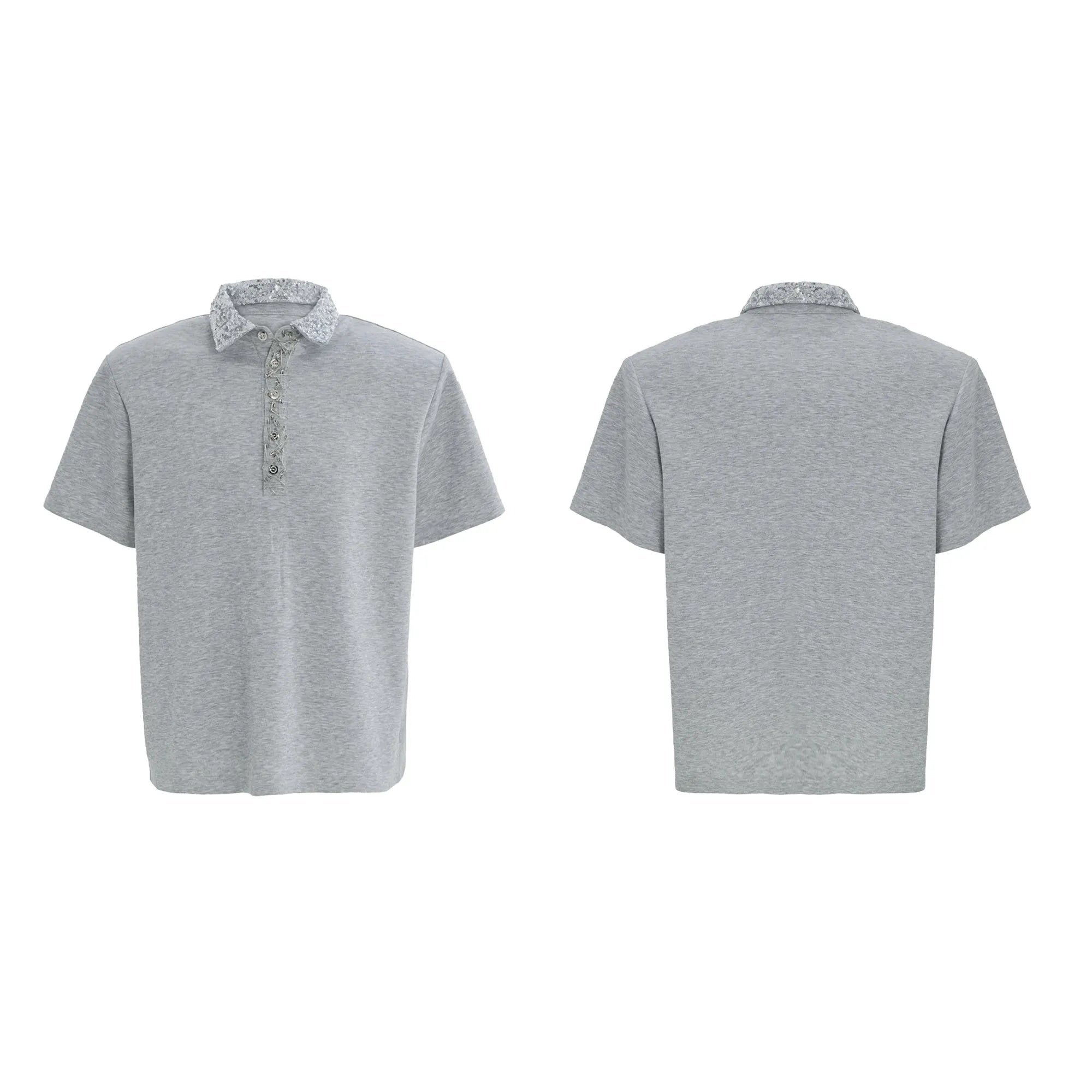 Men's black loose-fit short-sleeve polo shirt with heavy embroidery and sequin detailing on the square collar.