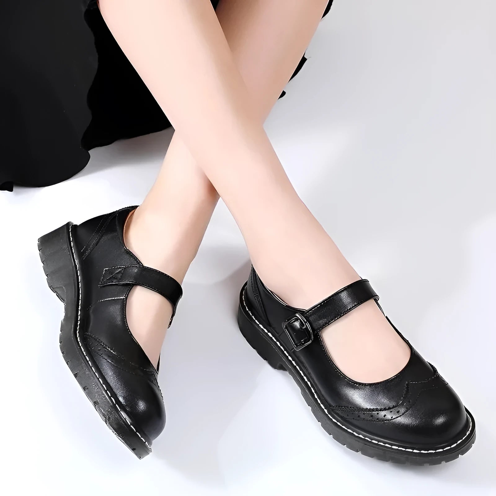 Solid colour PU shallow mouth buckle pumps for women with medium heel and thick sole, side view