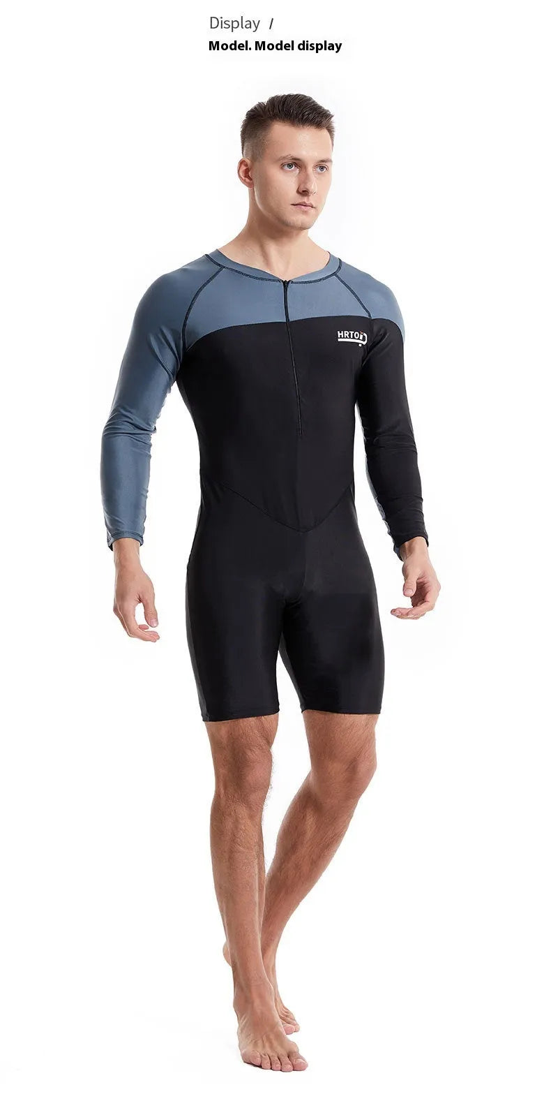 Men's professional diving one-piece swimsuit in black and gray shark skin style