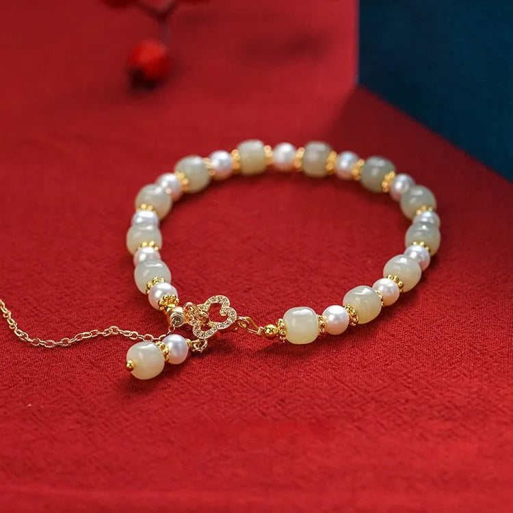 Natural Hetian jade pearl pendant women's bracelet with gold alloy electroplated finish in Chinese style