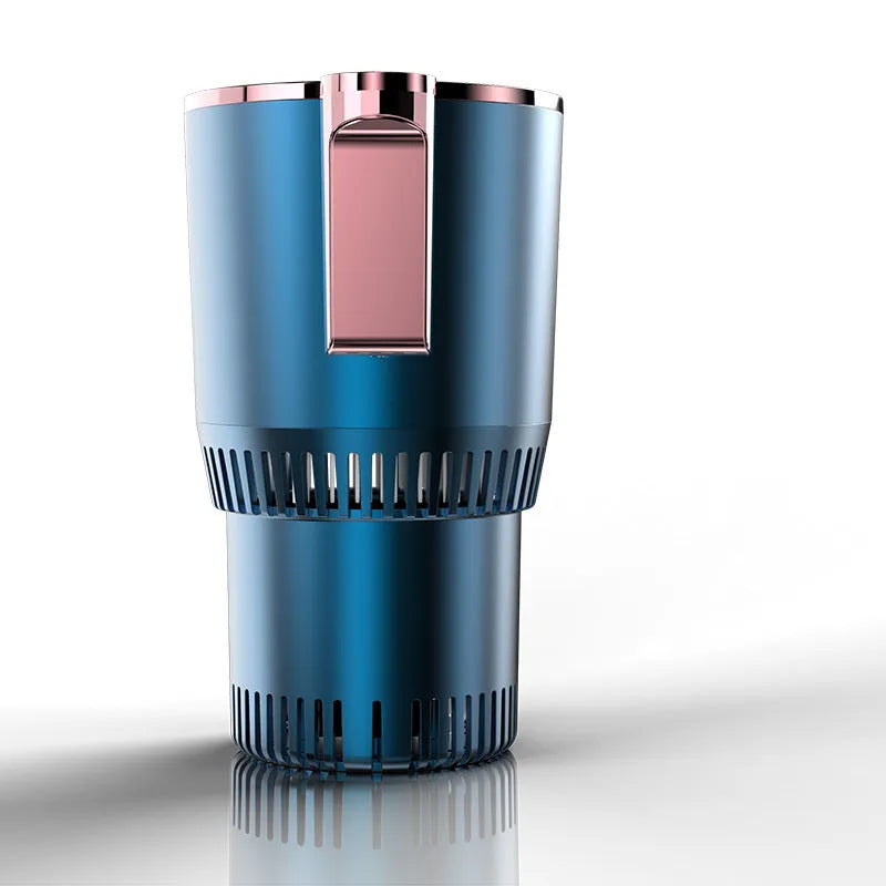 Black 2-in-1 car cup heater and cooler with digital display inserted in a vehicle cup holder.