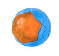 Three TPR floating squeaky dog toys: a red ball, a blue barbell, and an orange tyre.