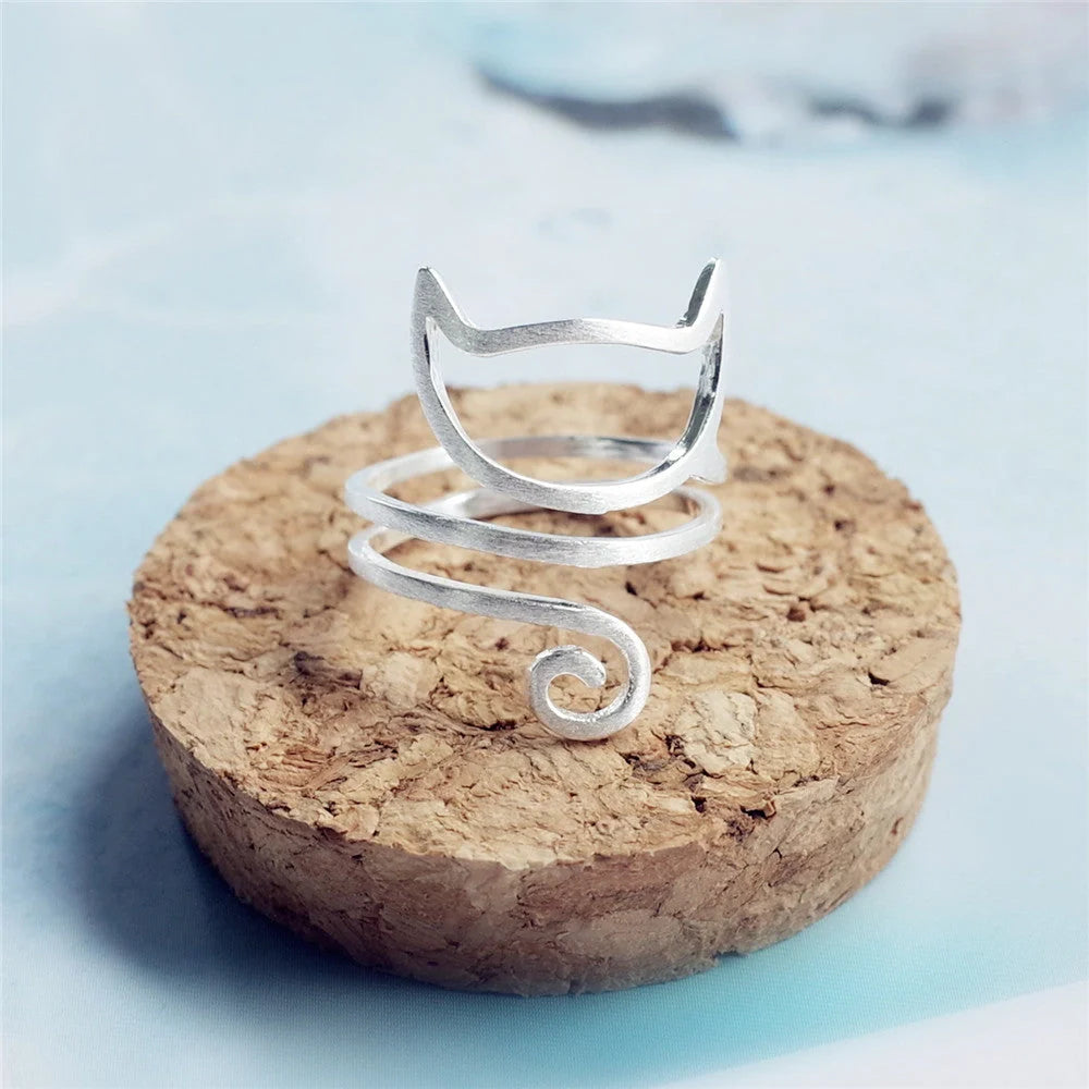 S925 silver adjustable cute cat ring with winding cat collar design and brushed finish