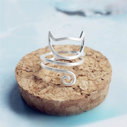 S925 silver adjustable cute cat ring with winding cat collar design and brushed finish