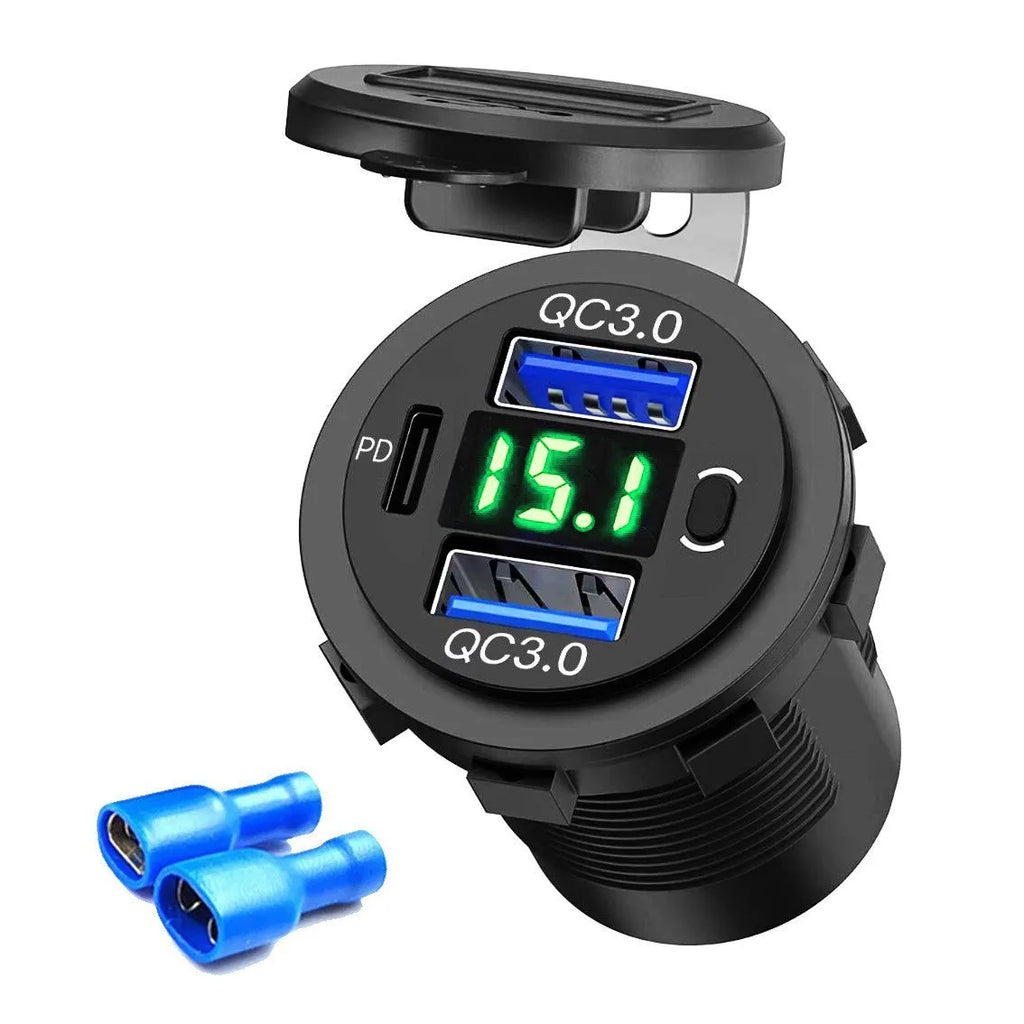 Modified Dual QC Car Phone Charger PD30 with Digital Display in blue with wire